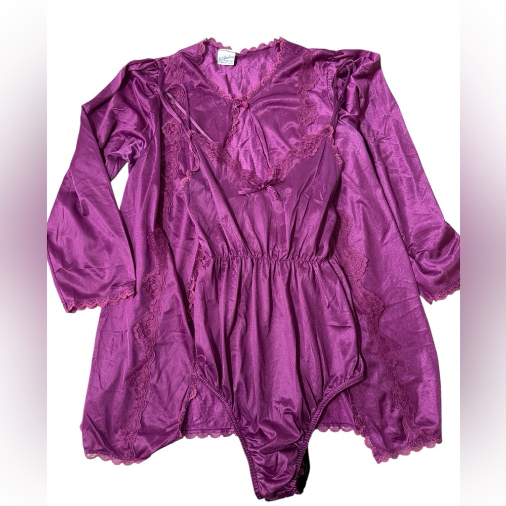 Vintage 80s Jill Andrea Purple Nylon Robe Teddy Set Medium